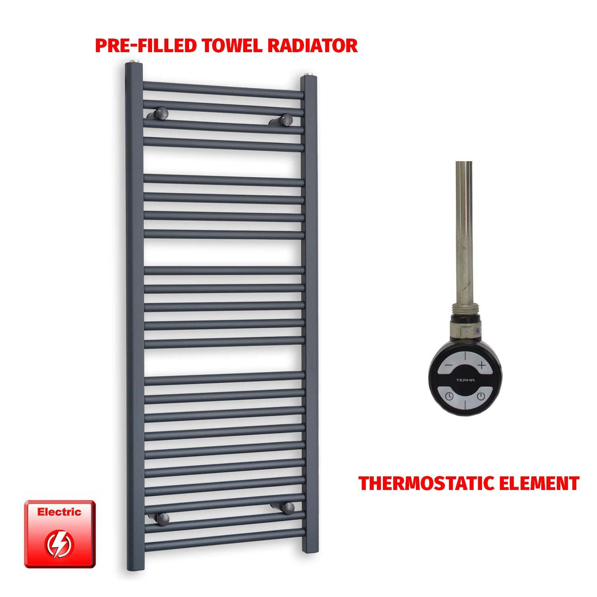 1200mm High 500mm Wide Flat Anthracite Pre-Filled Electric Heated Towel Rail Radiator HTR MOA Thermostatic element no timer