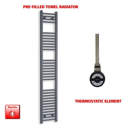 1800mm High 300mm Wide Flat Anthracite Pre-Filled Electric Heated Towel Rail Radiator HTR MOA Thermostatic element no timer