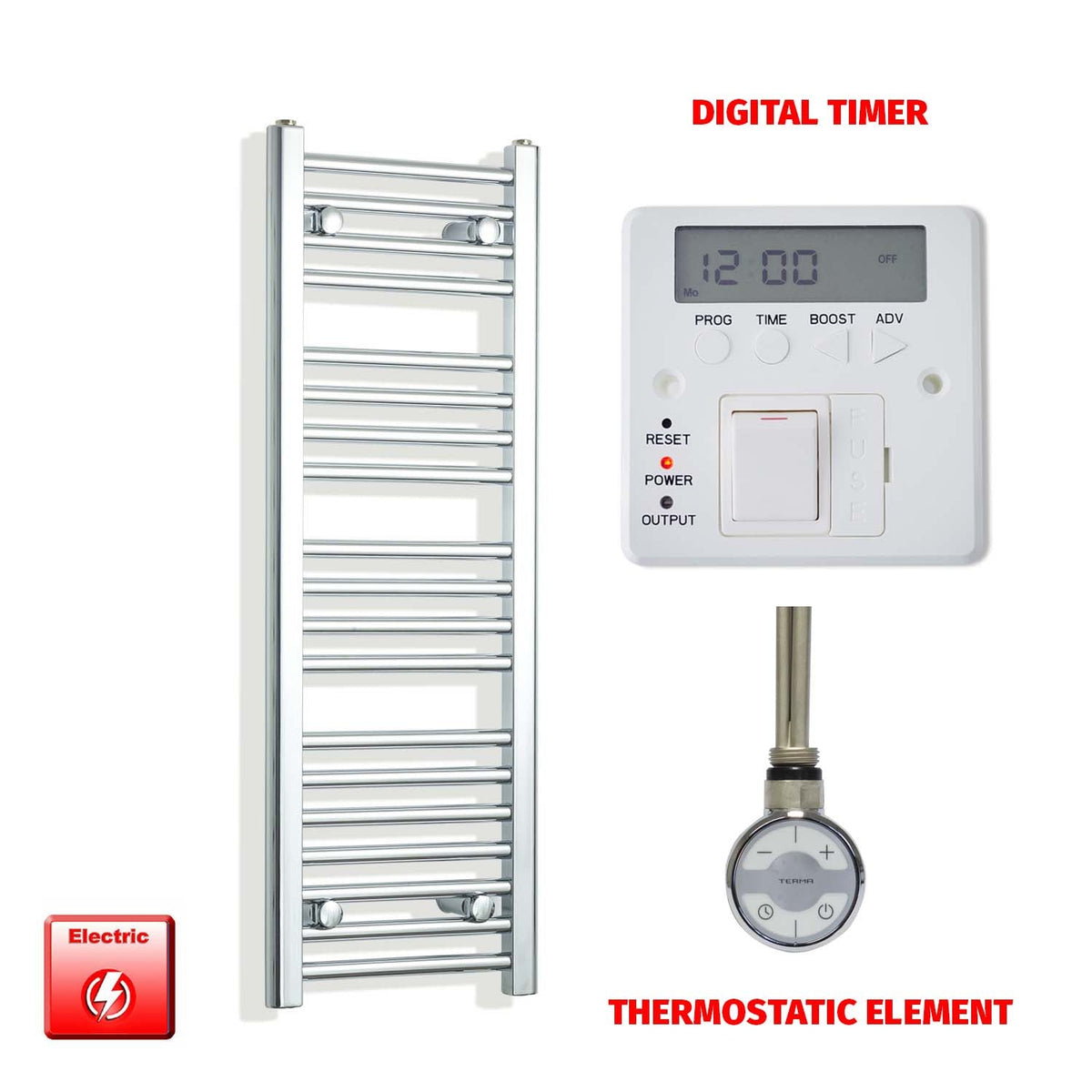 1000mm High 350mm Wide Pre-Filled Electric Heated Towel Rail Radiator Straight Chrome MOA Thermostatic element Digital timer