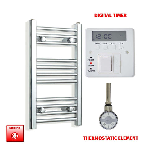 600 x 350 Pre-Filled Electric Heated Towel Radiator Straight Chrome MOA Thermostatic element Digital timer