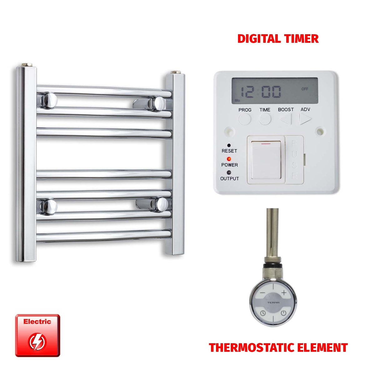 400mm High 400mm Wide Pre-Filled Electric Heated Towel Radiator Straight Chrome MOA Thermostatic element Digital timer