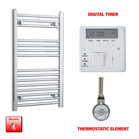 800mm High 450mm Wide Pre-Filled Electric Heated Towel Radiator Straight Chrome MOA Thermostatic element Digital timer