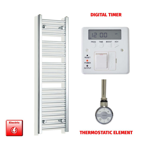 1400mm High 350mm Wide Pre-Filled Electric Heated Towel Rail Radiator Straight Chrome MOA Thermostatic element Digital timer