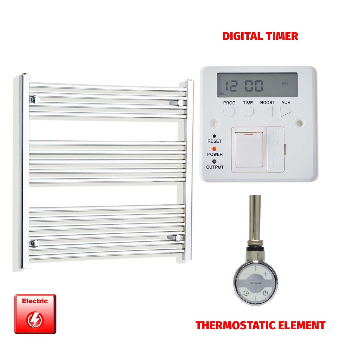 800mm High 800mm Wide Pre-Filled Electric Heated Towel Rail Radiator Straight Chrome MOA Thermostatic element Digital timer