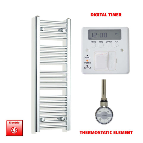 1000mm High 300mm Wide Pre-Filled Electric Heated Towel Rail Radiator Straight Chrome MOA Element Digital Timer
