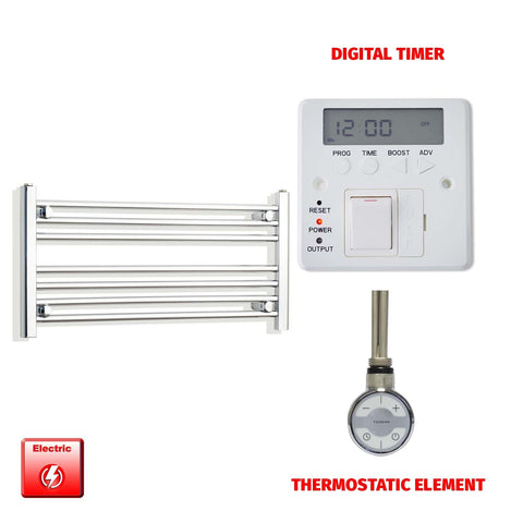 400 x 900 Pre-Filled Electric Heated Towel Radiator Straight Chrome MOA Thermosatic element Digital timer