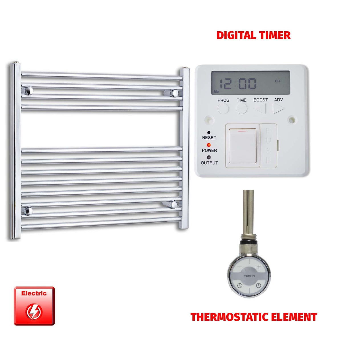 700 x 800 Pre-Filled Electric Heated Towel Radiator Straight Chrome MOA Thermostatic element Digital timer
