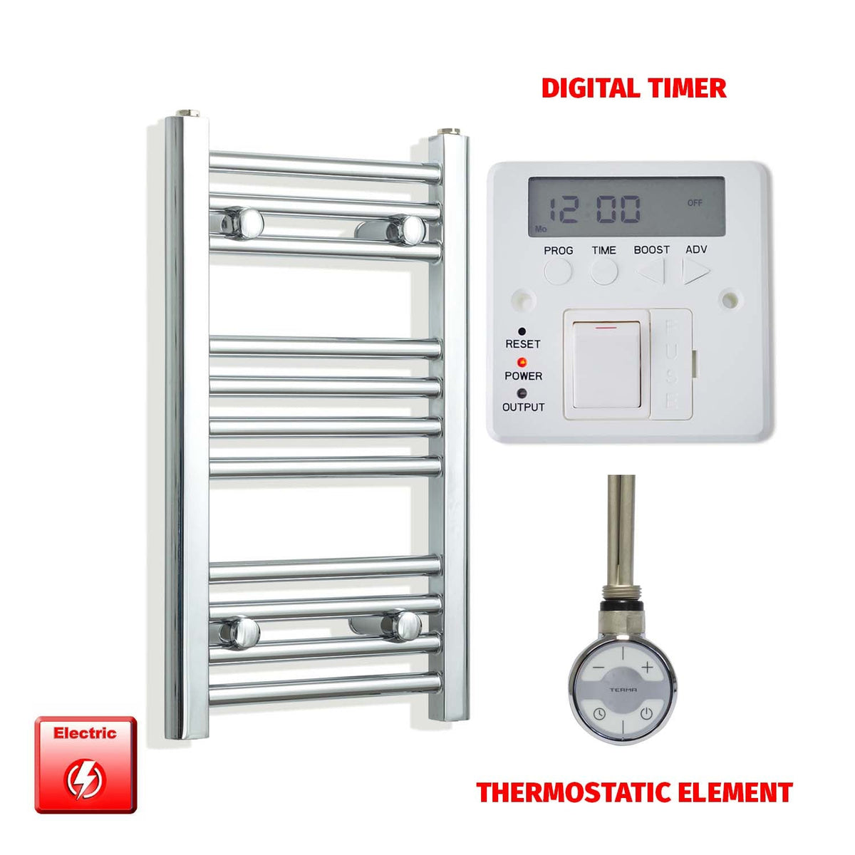 600 x 300 Pre-Filled Electric Heated Towel Radiator Straight Chrome MOA Element Digital Timer