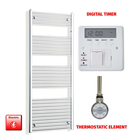 1600mm High 550mm Wide Electric Heated Towel Radiator Straight Chrome MOA Thermostatic element Digital timer