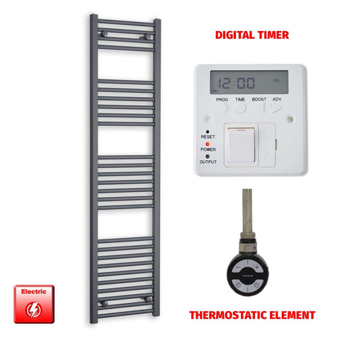 1600mm High 400mm Wide Flat Anthracite Pre-Filled Electric Heated Towel Radiator HTR MOA Thermostatic element Digital timer