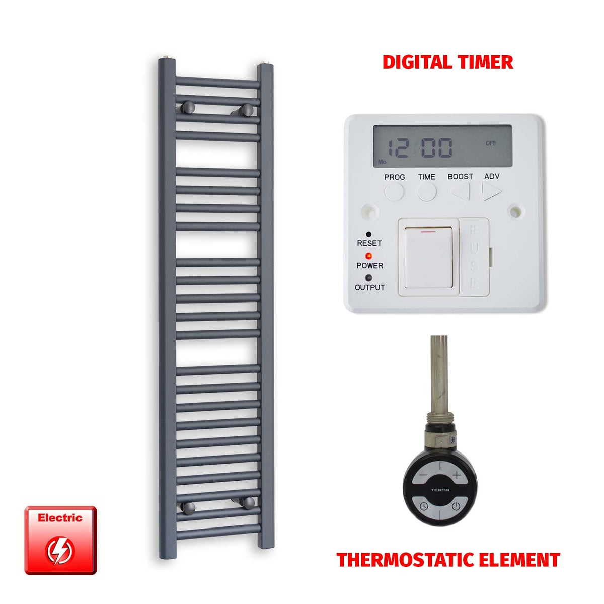 1200mm High 300mm Wide Flat Anthracite Pre-Filled Electric Heated Towel Rail Radiator HTR MOA Thermostatic element Digital timer