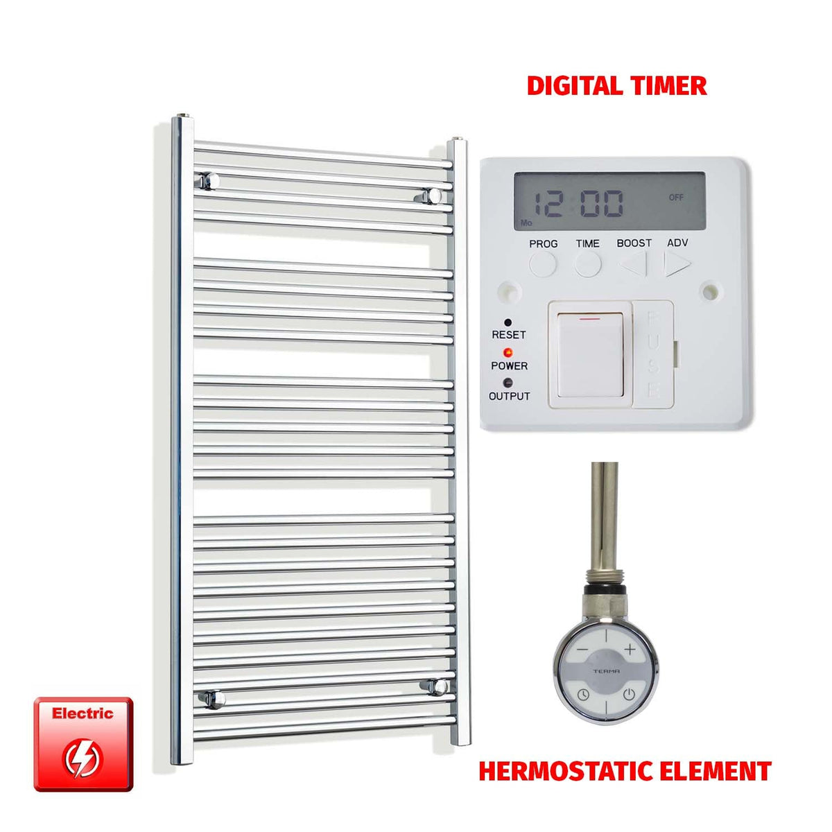 1200mm High 550mm Wide Pre-Filled Electric Heated Towel Radiator Chrome HTR MOA Thermostatic element Digital timer