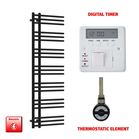 1500 mm High x 500 mm Wide Difta Pre-Filled Electric Heated Towel Radiator Flat Black MEG Thermostatic Element MOA Thermostatic Element Digital Timer
