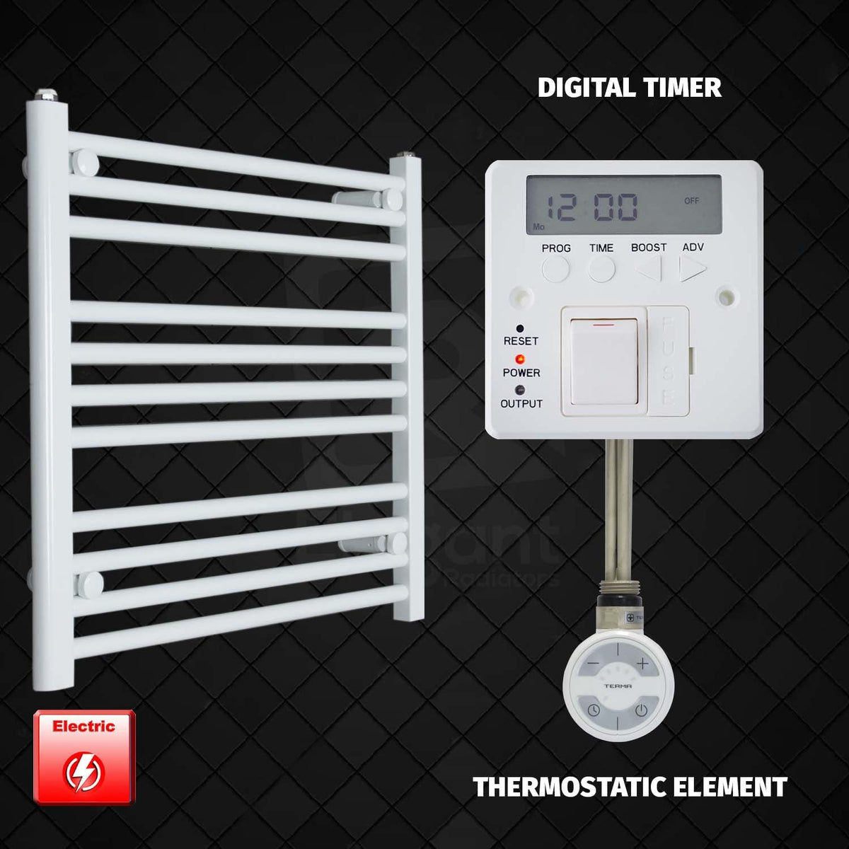 600 mm High 700 mm Wide Pre-Filled Electric Heated Towel Rail Radiator White HTR MOA Thermostatic Element Digital Timer