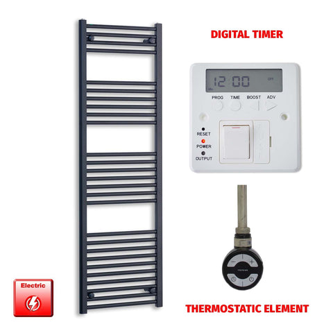 1600mm High 600mm Wide Flat Black Pre-Filled Electric Heated Towel Radiator HTR MOA Thermostatic Digital Timer
