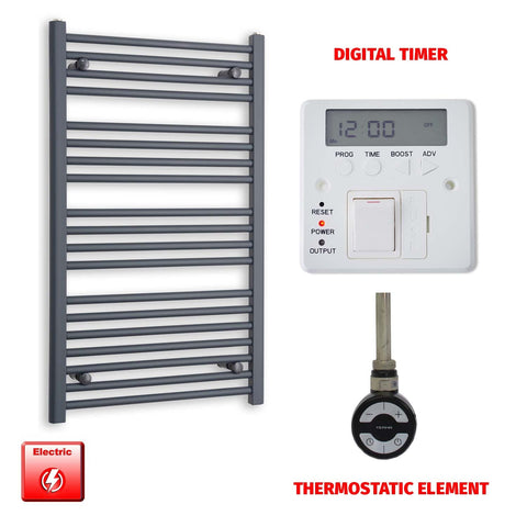 1000mm High 600mm Wide Flat Anthracite Pre-Filled Electric Heated Towel Rail Radiator HTR MOA Thermostatic element Digital timer