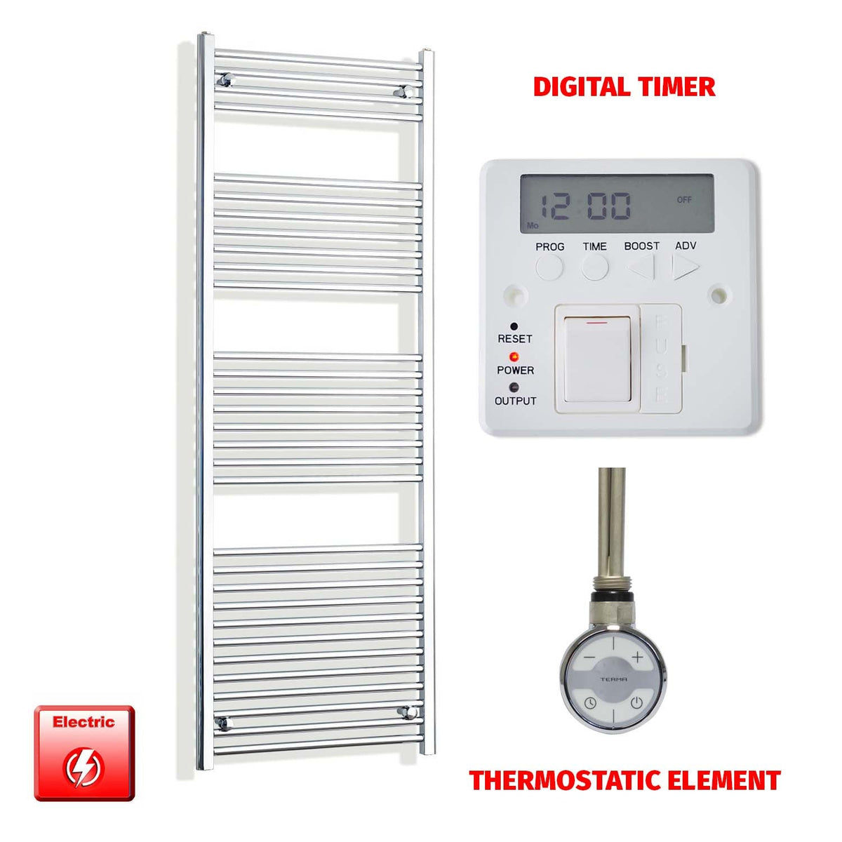 1800mm High 550mm Wide Electric Heated Towel Radiator Straight Chrome MOA Thermostatic element Digital timer