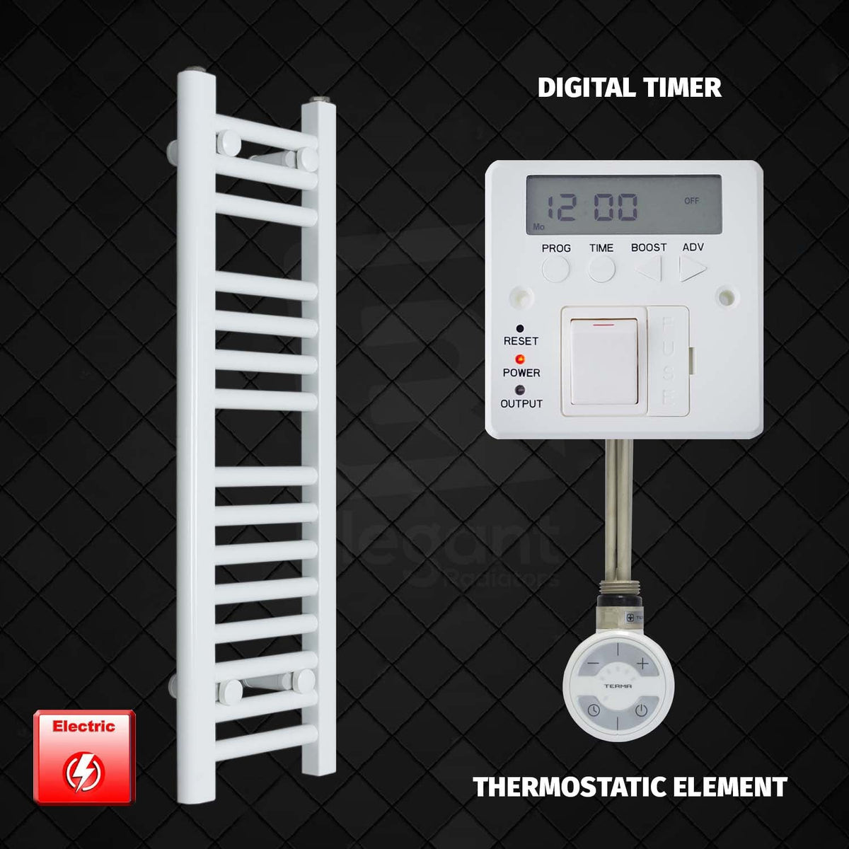 800 mm High 250 mm Wide Pre-Filled Electric Heated Towel Rail Radiator White HTR MOA Digital Timer Thermostatic Element