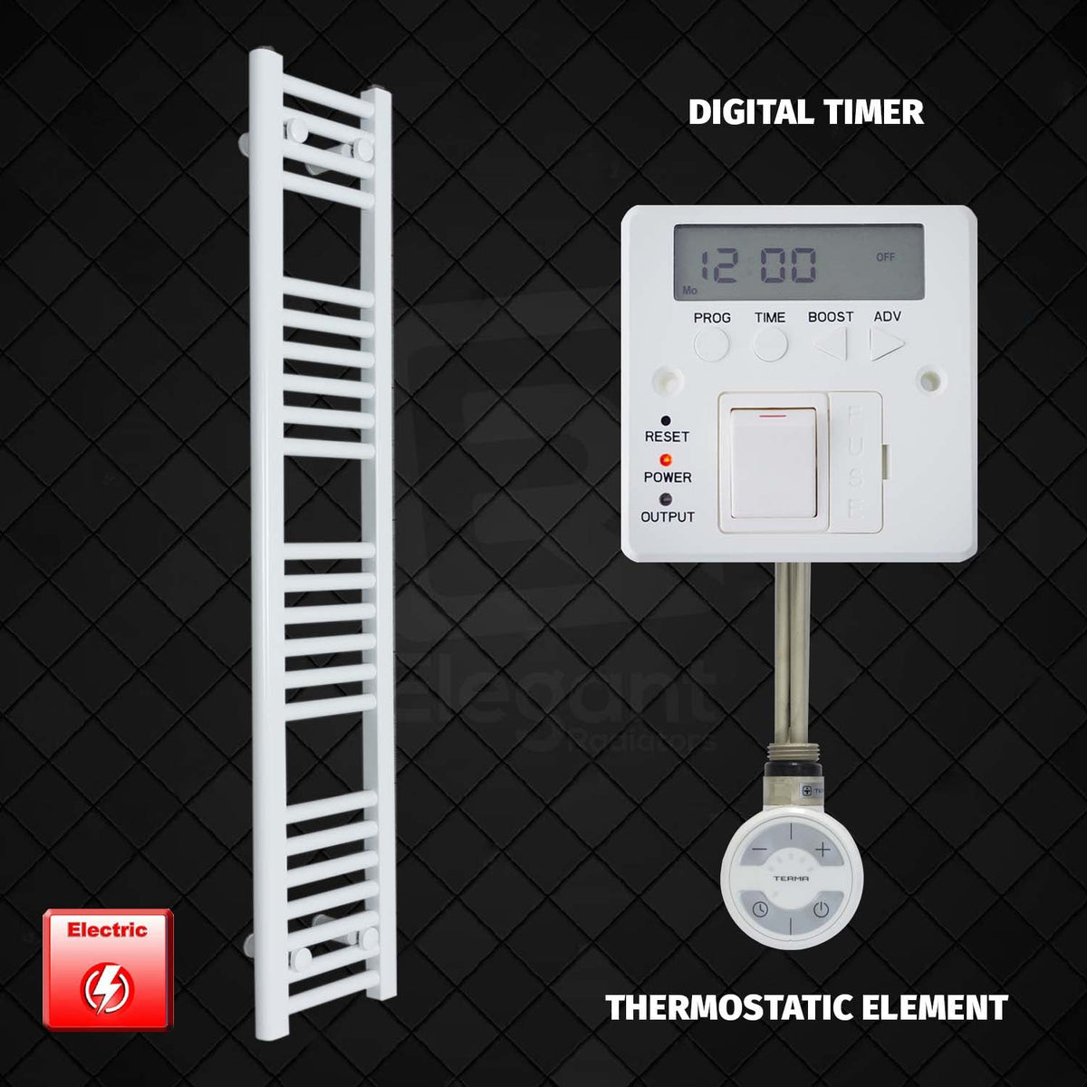 1200 mm High 200 mm Wide Pre-Filled Electric Heated Towel Rail Radiator White HTR MOA Digital Timer Thermostatic Element