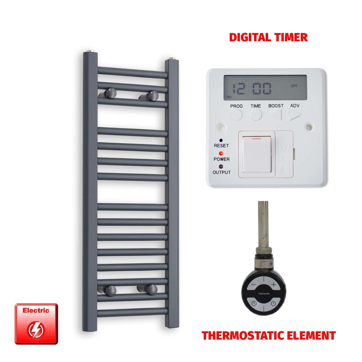800mm High 300mm Wide Flat Anthracite Pre-Filled Electric Heated Towel Rail Radiator HTR MOA Thermostatic element Digital timer