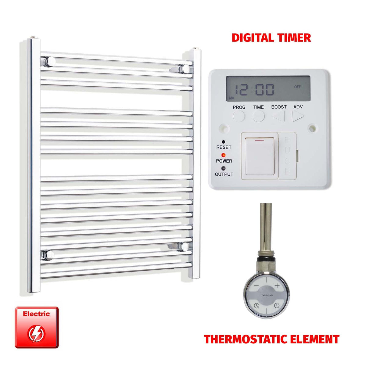 800mm High 550mm Wide Pre-Filled Electric Heated Towel Radiator Straight Chrome MOA Thermostatic element Digital timer