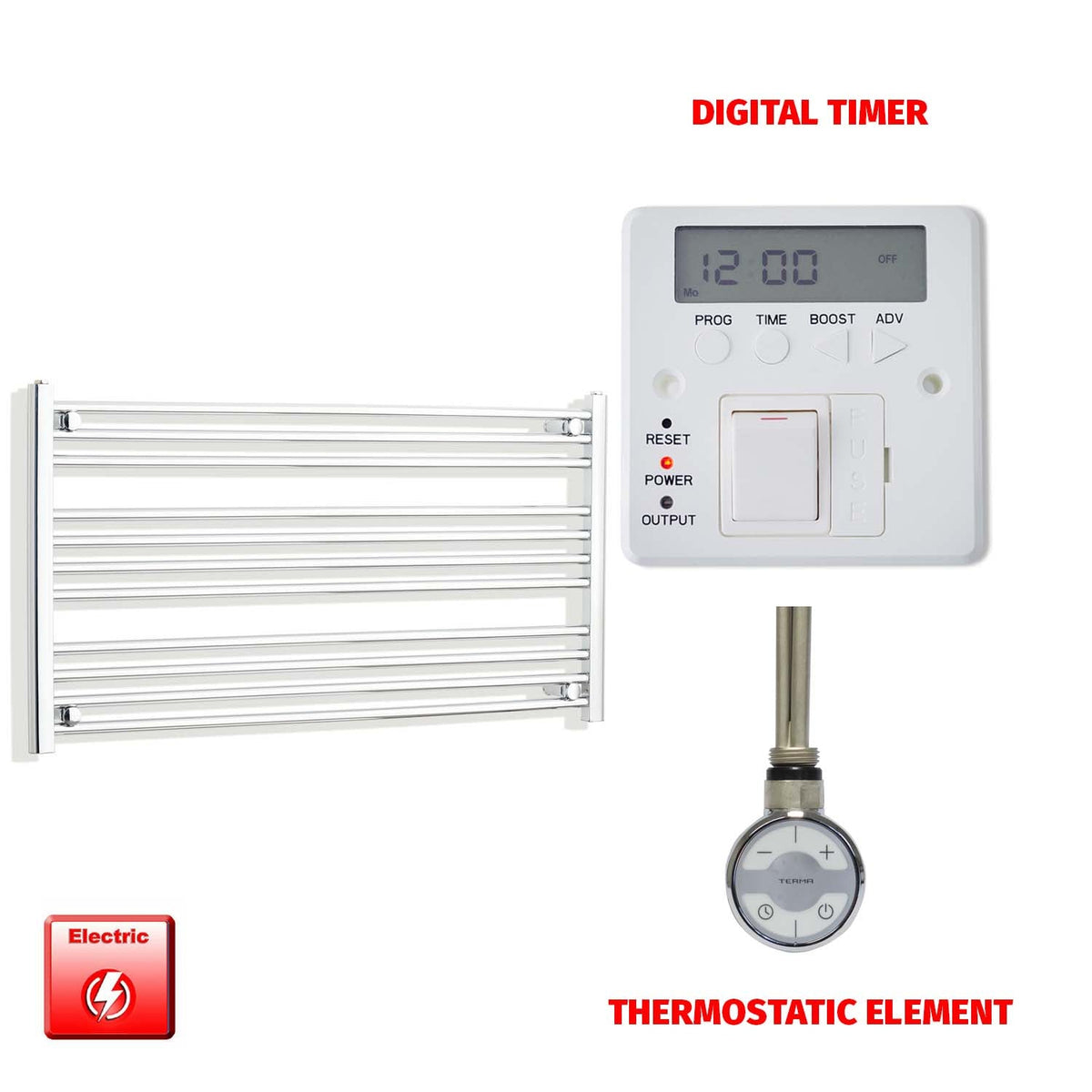 600mm High 1300mm Wide Pre-Filled Electric Heated Towel Radiator Straight Chrome MOA Thermostatic element Digital timer