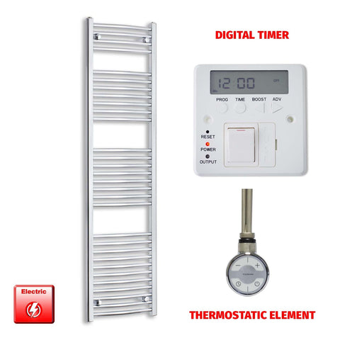 1700 x 450 Pre-Filled Electric Heated Towel Radiator Straight or Curved Chrome MOA Thermostatic element Digital timer