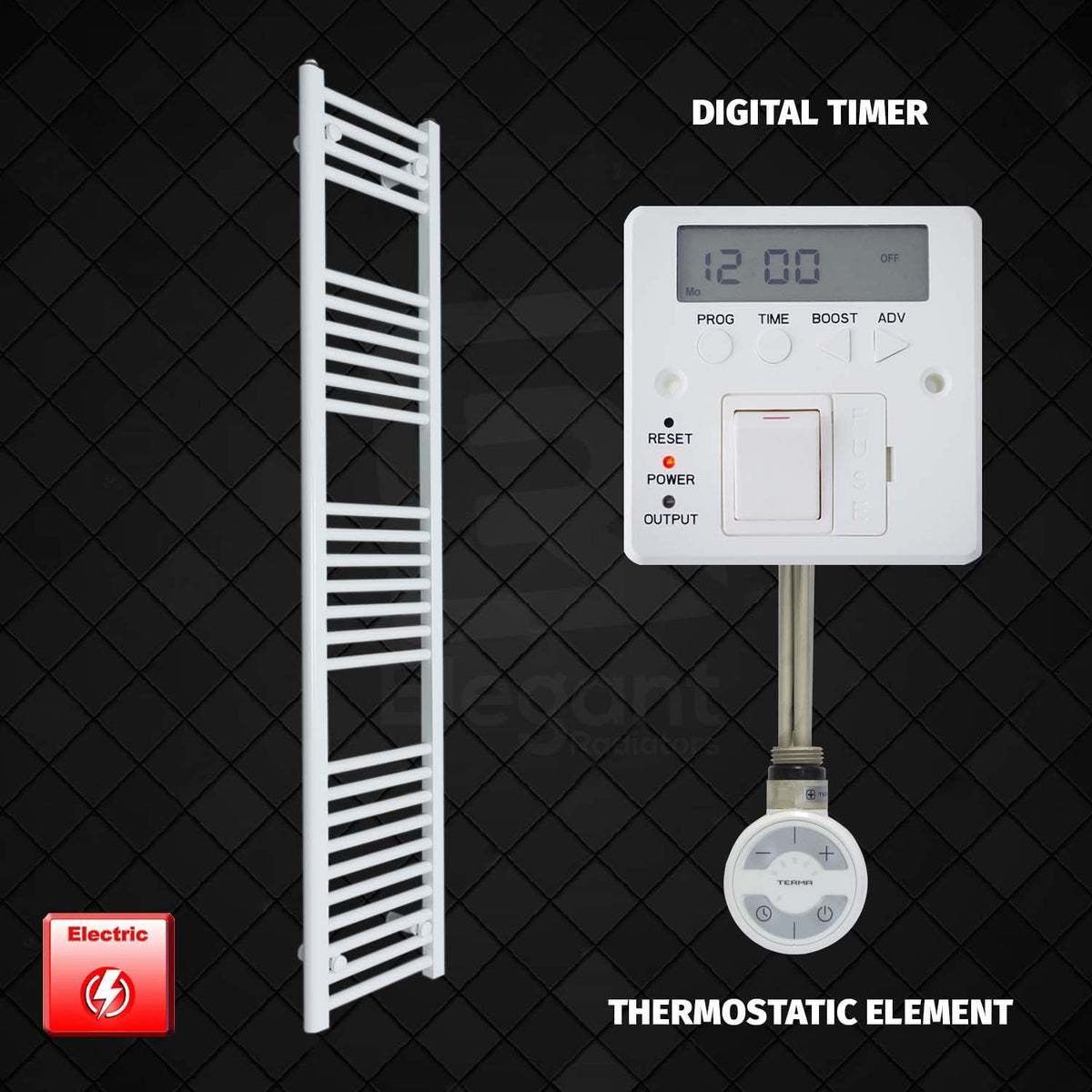 1600 mm High 350 mm Wide Pre-Filled Electric Heated Towel Rail Radiator White MOA Digital Timer Thermostatic Element