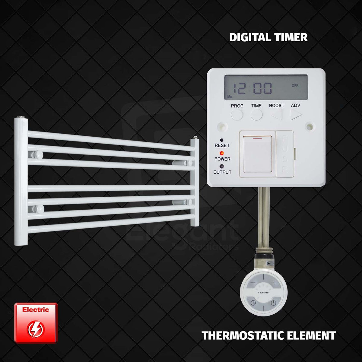 400mm High 1000mm Wide Pre-Filled Electric Heated Towel Radiator White HTR MOA Thermostatic element Digital timer