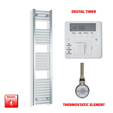 1600 x 350 Pre-Filled Electric Heated Towel Radiator Straight Chrome MOA Thermostatic element Digital timer