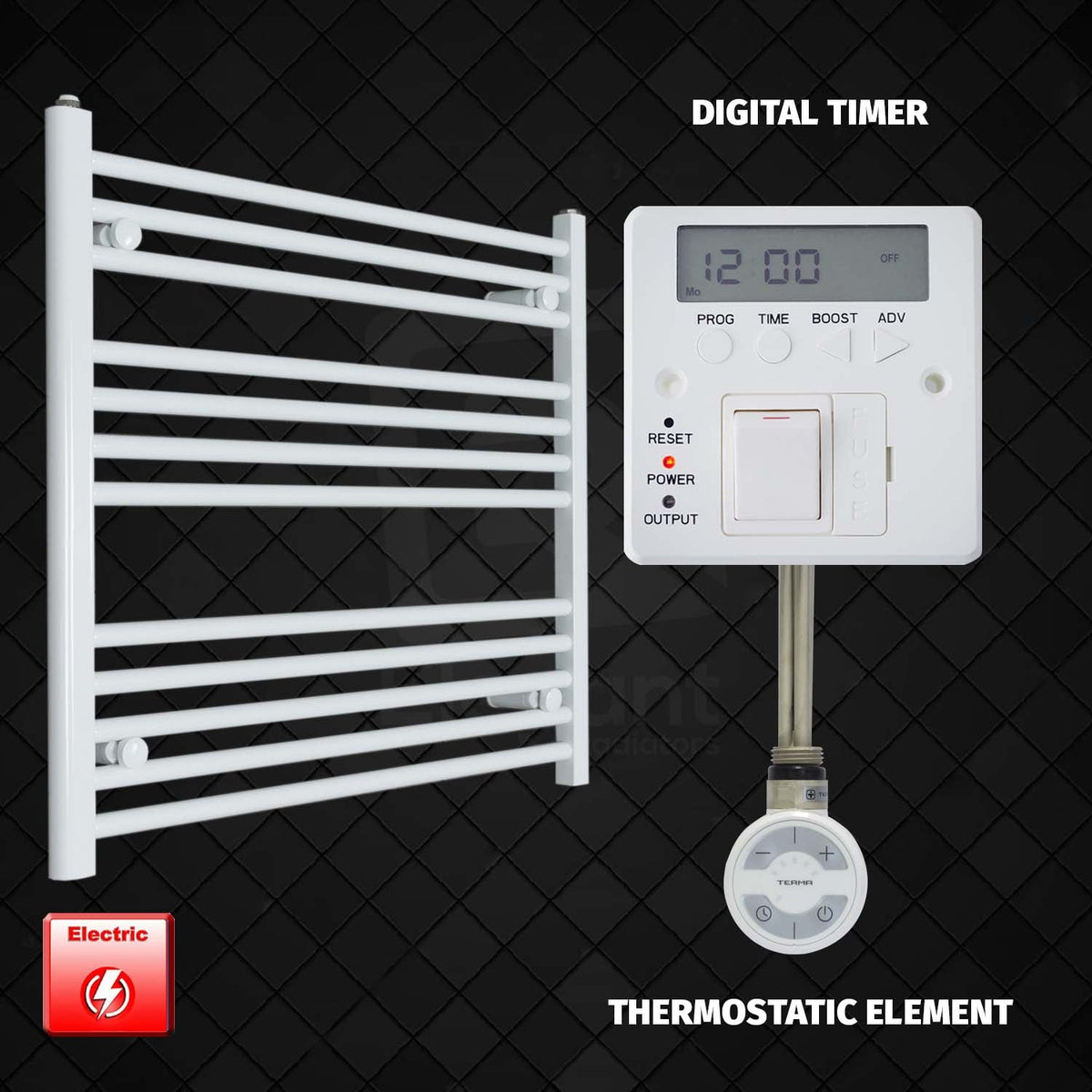 800 x 1200 Pre-Filled Electric Heated Towel Radiator White HTR MOA Thermostatic element Digital timer