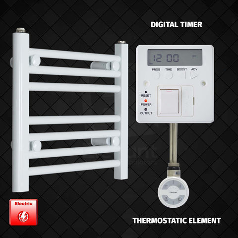 400 mm High 500 mm Wide Pre-Filled Electric Heated Towel Rail Radiator White HTR MOA Digital Timer Thermostatic Element