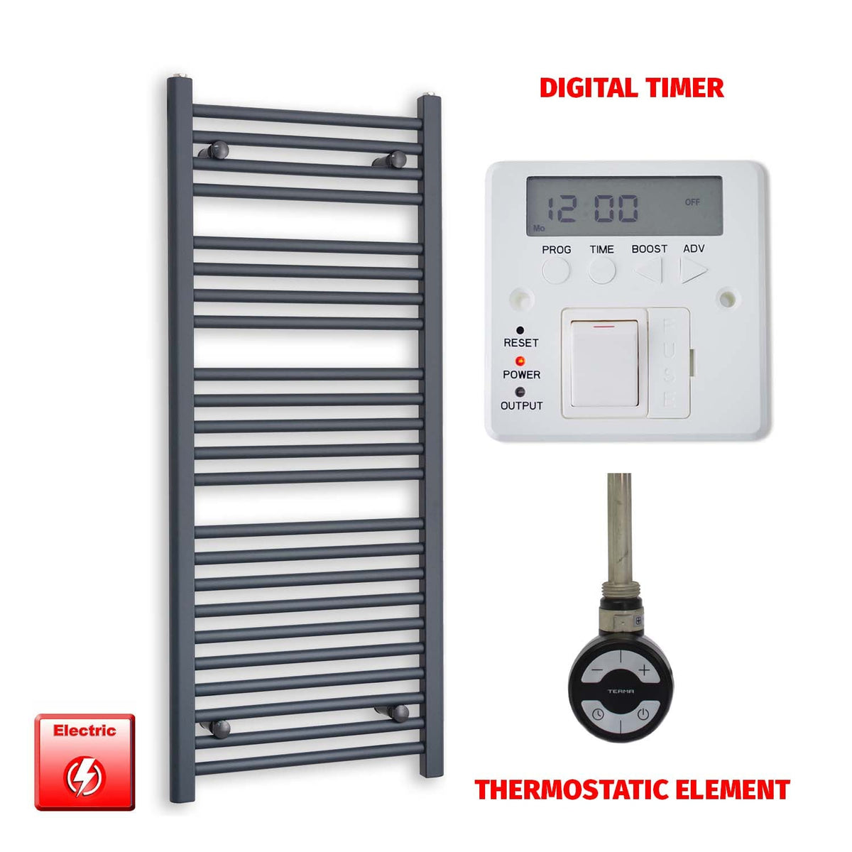 1200mm High 500mm Wide Flat Anthracite Pre-Filled Electric Heated Towel Rail Radiator HTR MOA Thermostatic element Digital timer