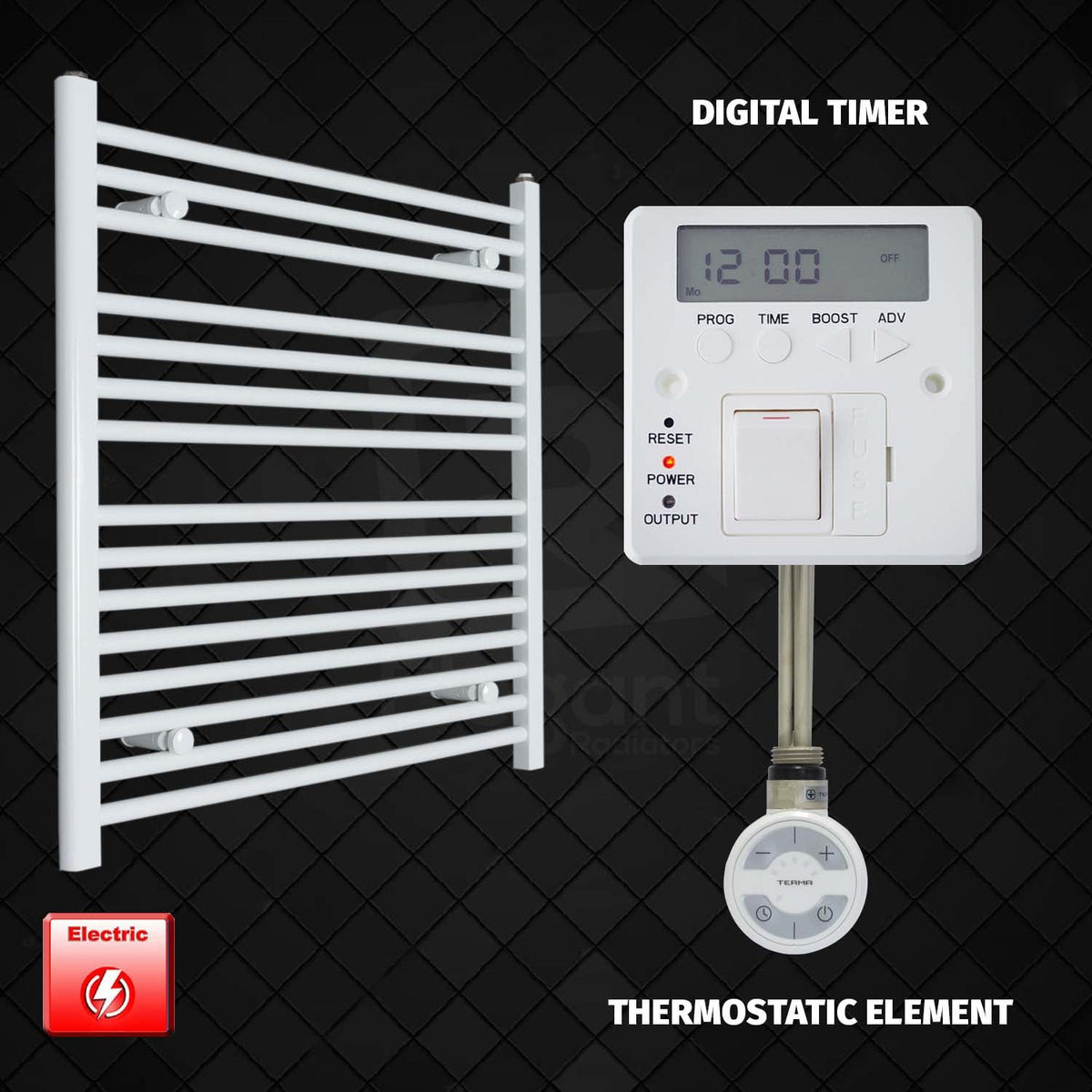 800 x 800 Pre-Filled Electric Heated Towel Radiator White HTR MOA Thermostatic element Digital timer