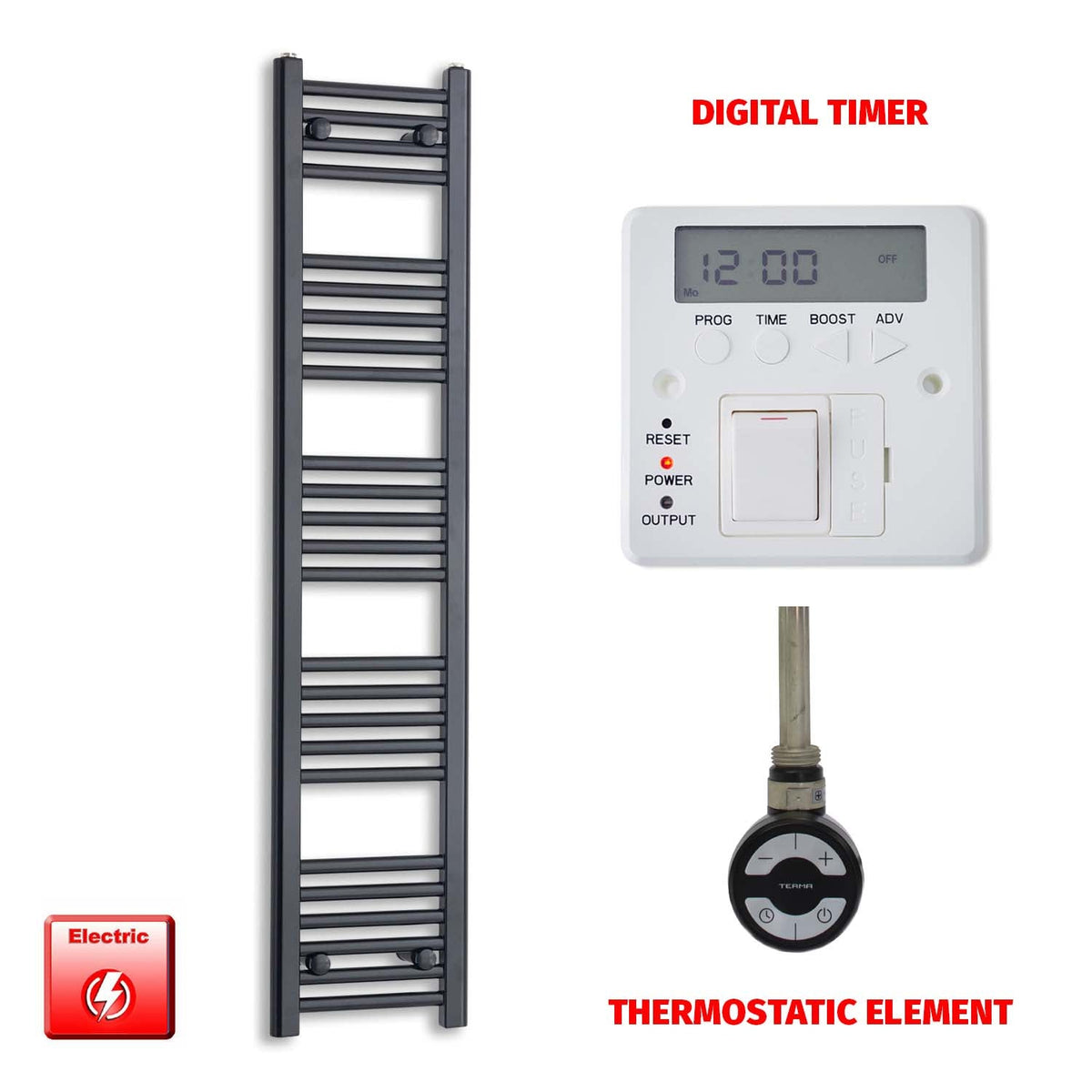1400 x 300 Flat Black Pre-Filled Electric Heated Towel Radiator HTR MOA Thermostatic Digital Timer