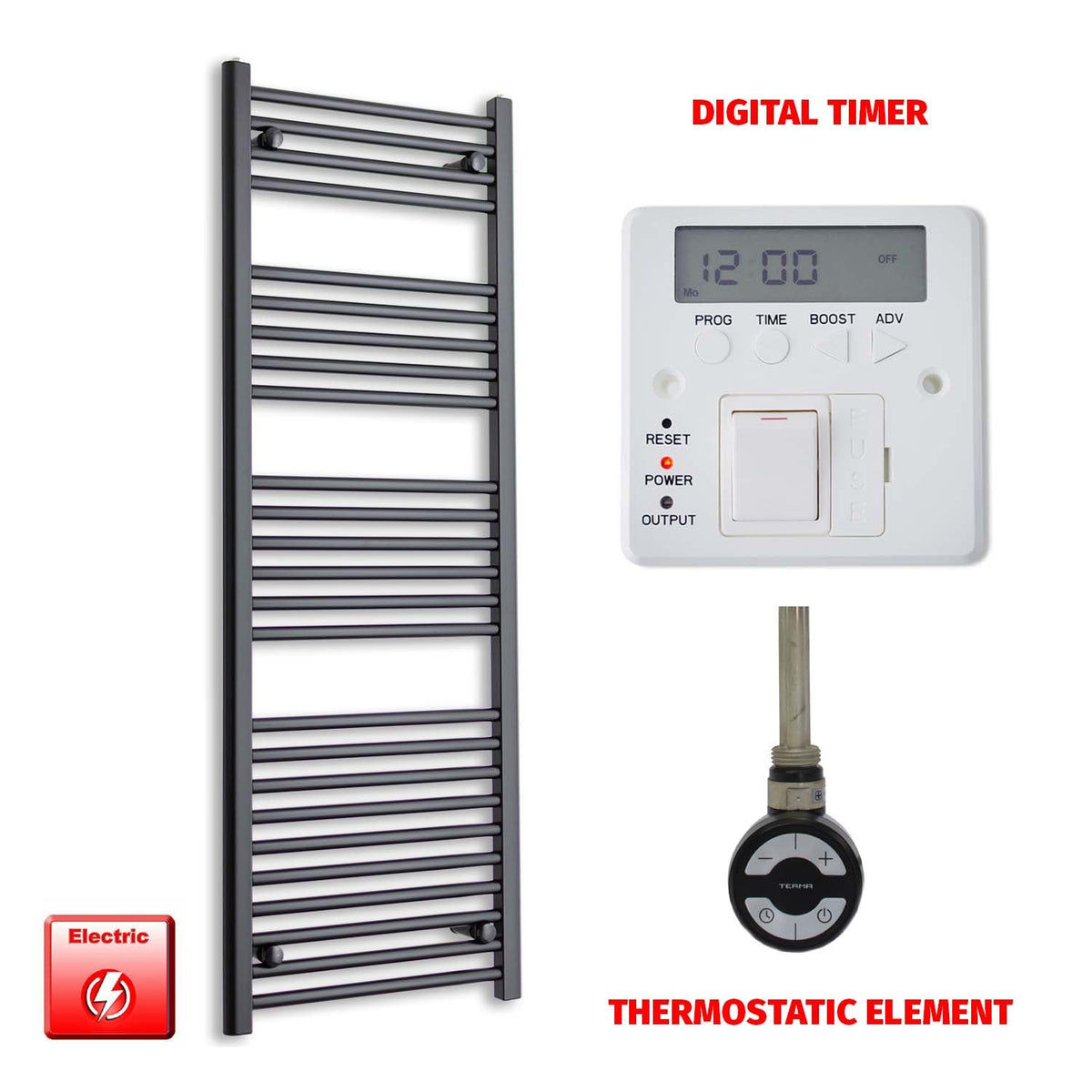 1400 x 550mm Wide Flat Black Pre-Filled Electric Heated Towel Radiator HTR MOA Thermostatic Digital Timer