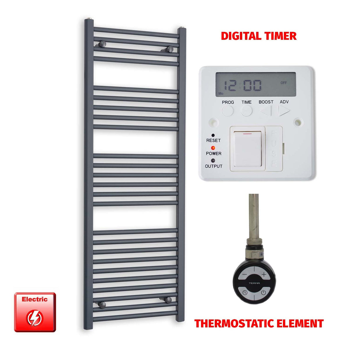 1400mm High 500mm Wide Flat Anthracite Pre-Filled Electric Heated Towel Rail Radiator HTR MOA Thermostatic element Digital timer