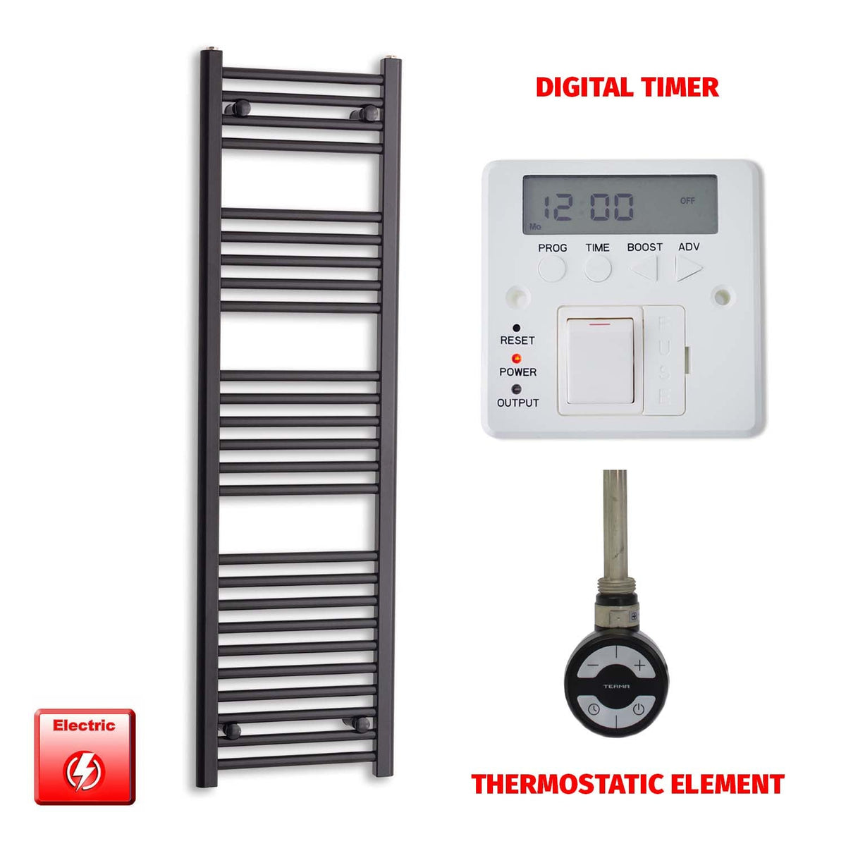 1400 x 400 Flat Black Pre-Filled Electric Heated Towel Radiator HTR MOA Thermostatic Digital Timer