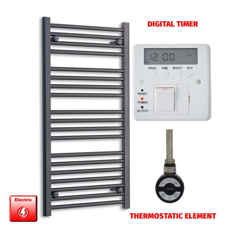 1000mm High 500mm Wide Flat Black Pre-Filled Electric Heated Towel Rail Radiator HTR MOA Thermostatic Digital Timer