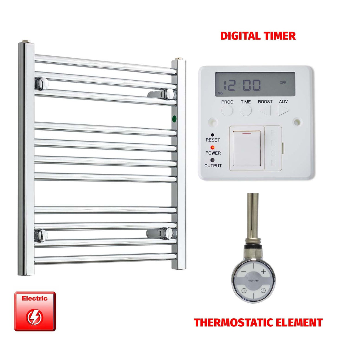 600mm High 500mm Wide Pre-Filled Electric Heated Towel Rail Radiator Straight or Curved Chrome MOA Thermostatic element Digital timer