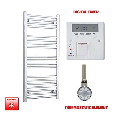 1000mm High 450mm Wide Pre-Filled Electric Heated Towel Radiator Straight Chrome MOA Thermostatic element Digital timer