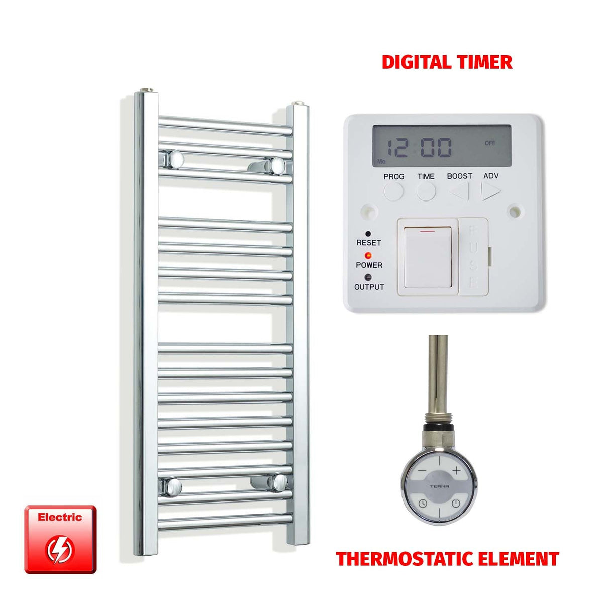 800mm High 350mm Wide Pre-Filled Electric Heated Towel Rail Radiator Straight Chrome MOA Thermostatic element Digital  timer