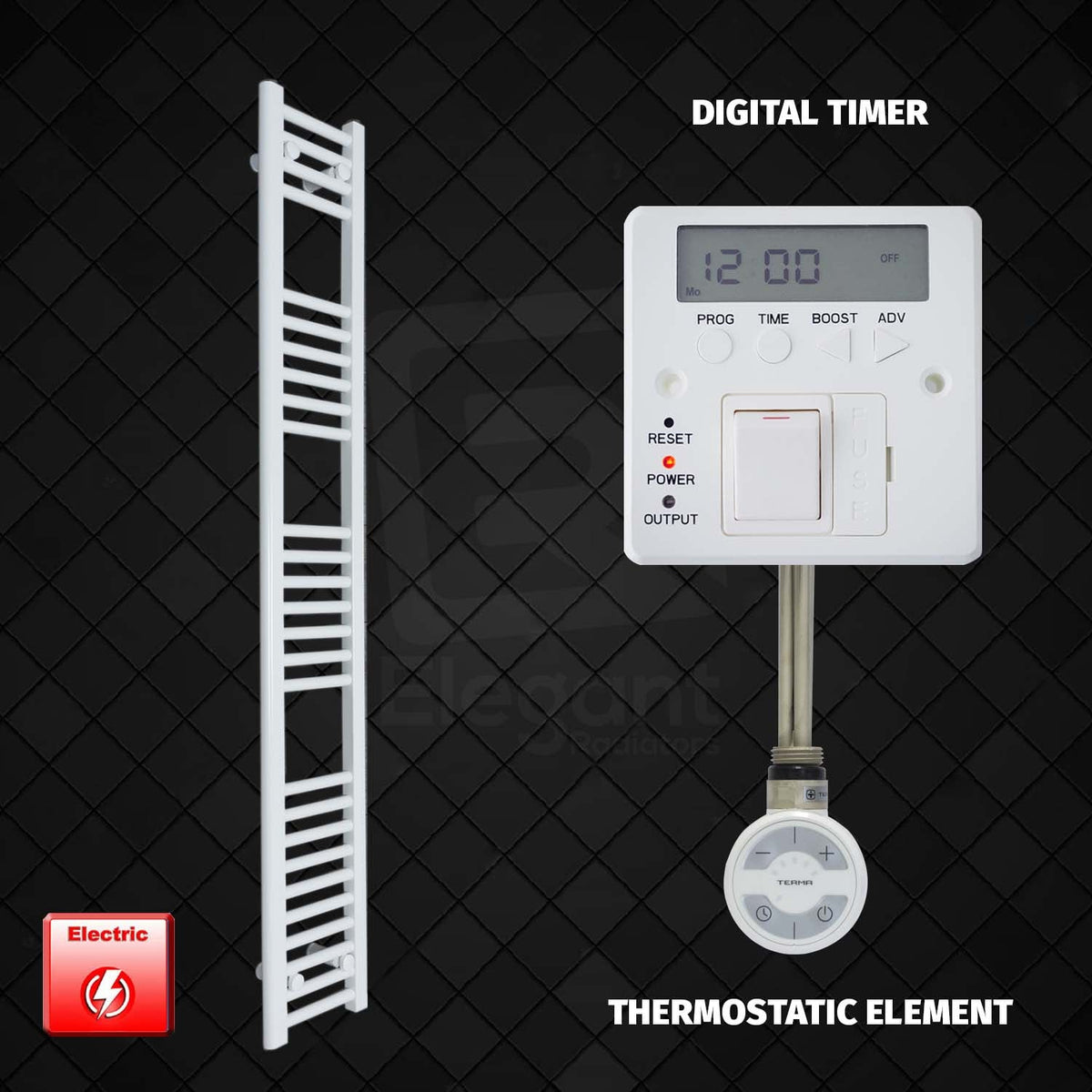 1600 x 200 Pre-Filled Electric Heated Towel Radiator White MOA Thermostatic Element Digital Timer