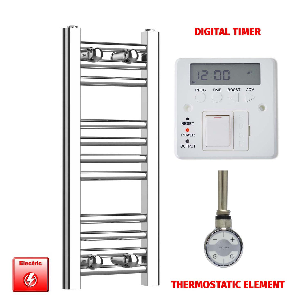 600mm High 200mm Wide Pre-Filled Electric Heated Towel Rail Radiator Straight Chrome Digital Timer Thermostatic element
