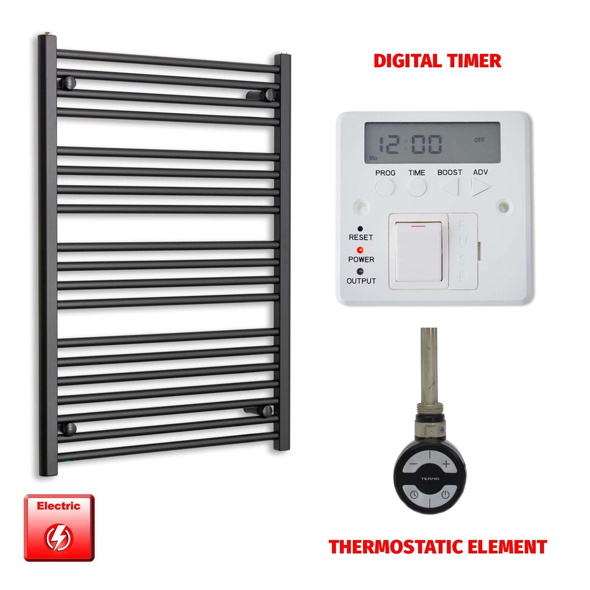 1000mm x 700mm Wide Flat Black Pre-Filled Electric Towel Radiator HTR MOA Thermostatic Digital Timer
