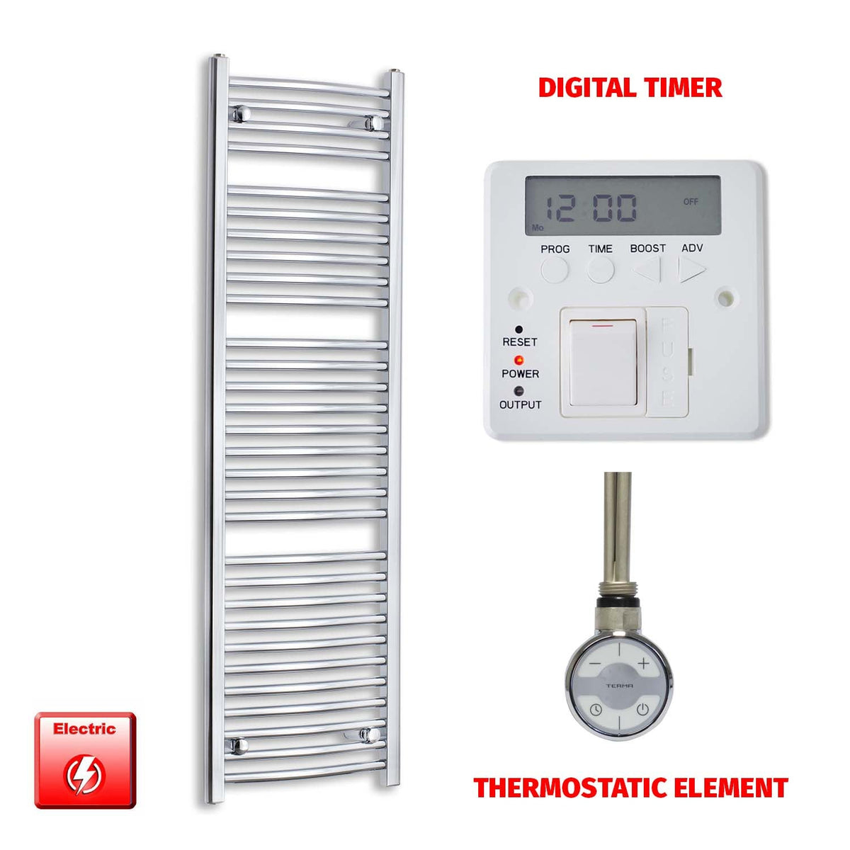 1500mm High 450mm Wide Pre-Filled Electric Heated Towel Radiator Straight or Curved Chrome MOA Thermostatic element Wifi timer