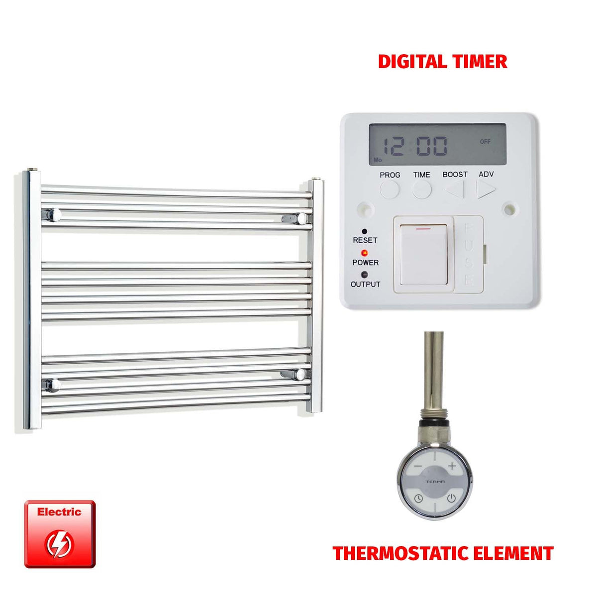 600mm High 850mm Wide Pre-Filled Electric Heated Towel Radiator Straight Chrome MOA Thermostatic element Digital timer