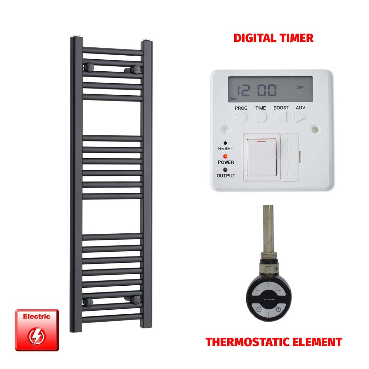 800mm High 300mm Wide Flat Black Pre-Filled Electric Heated Towel Radiator MOA Thermostatic Digital Timer
