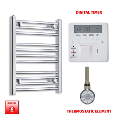 600 x 450 Pre-Filled Electric Heated Towel Radiator Straight Chrome MOA Thermostatic element Digital timer