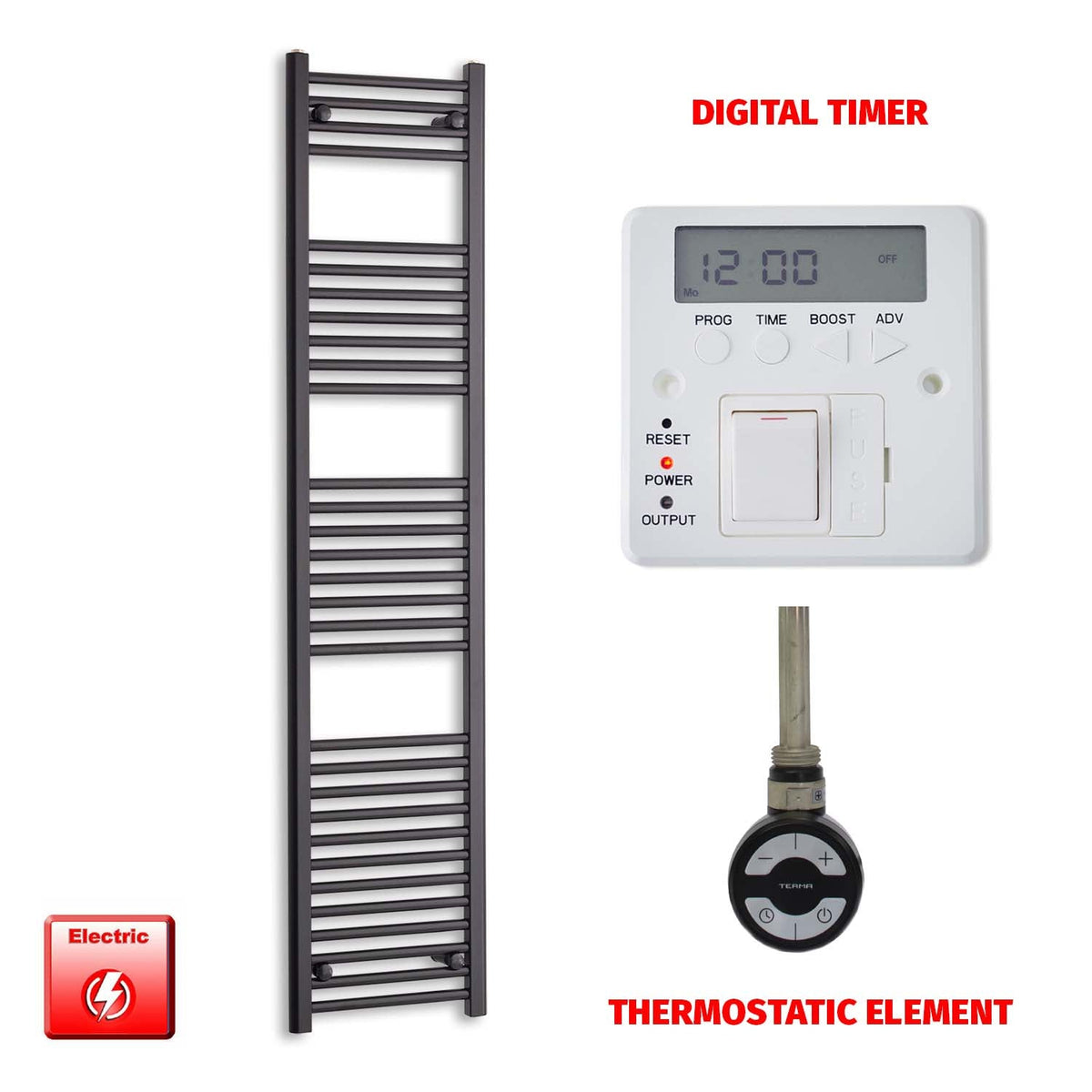 1800mm High 450mm Wide Flat Black Pre-Filled Electric Heated Towel Radiator HTR MOA Thermostatic Digital Timer
